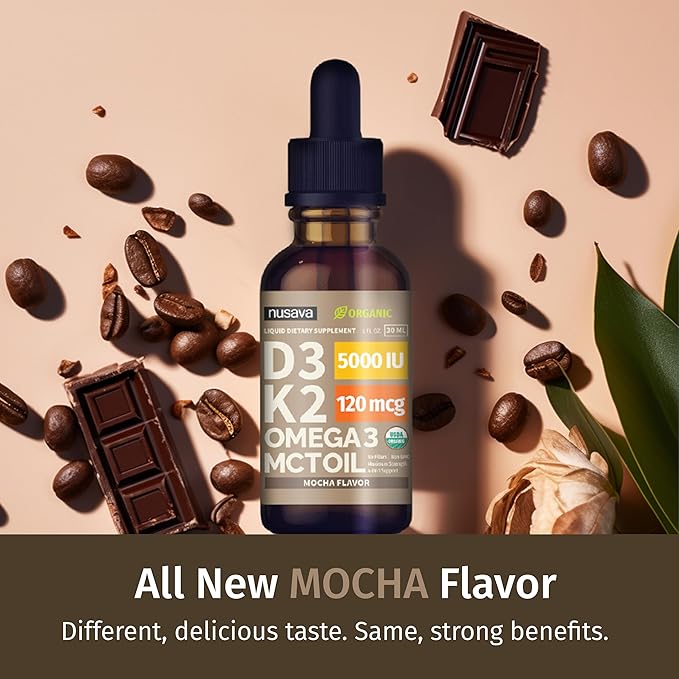 NUSAVA (2 Pack) Organic Vitamin D3 K2 Drops with MCT Oil Omega 3, 5000 IU, Maximum Strength Vitamin D Liquid, No Fillers, Non-GMO Liquid D3 for Faster Absorption and Immune Support (Mocha, 2 Fl Oz)