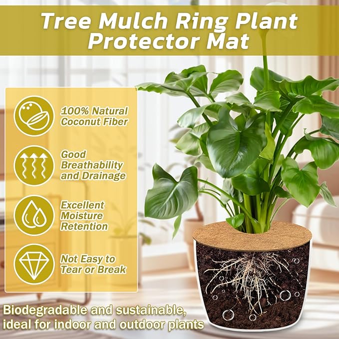 Legigo 4pcs Coconut Fiber Mulch Ring Tree Plant Protector Mat, 11.8 Inch Natural Coco Coir Tree Mulch Ring Plant Pot Soil Cover, Tree Rings Disc Plant Cover for Indoor Outdoor Plants, Landscaping