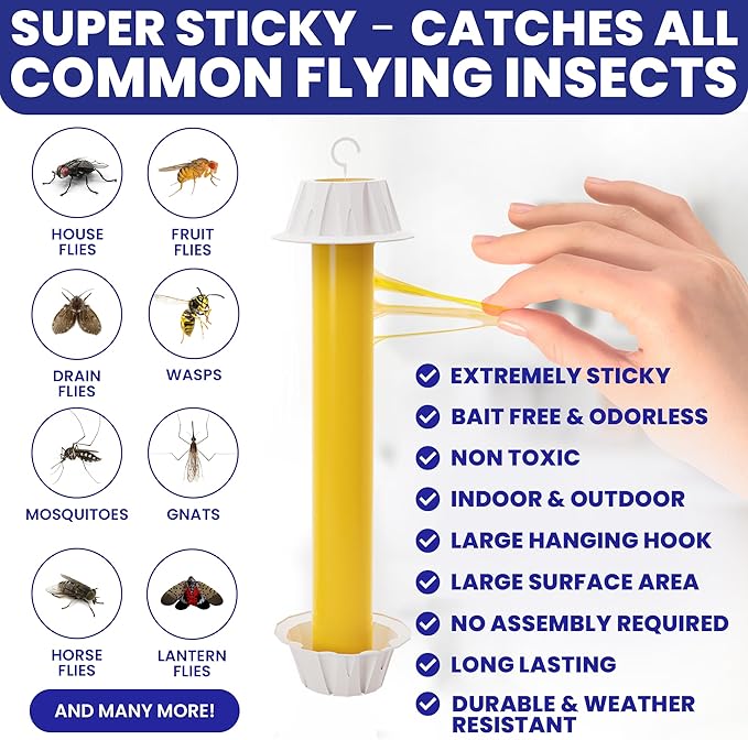 Fly Stick Sticky Fly Traps for Indoors Outdoor 4pk. Non-Toxic Super Sticky Hanging Flies Catcher Paper Tape Strips for Home. Catches All Bugs and gnats. Indoor Outdoor House Flying Insect Trap.