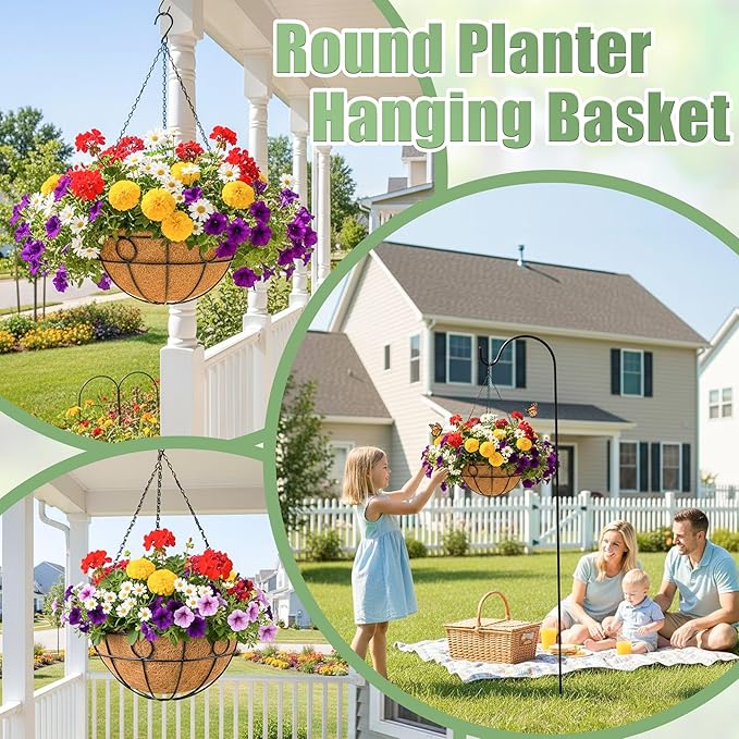 4 Pack 12 Inch Hanging Baskets for Plants Outdoor Metal Hanging Planters Round Hanging Flower Pots with Coco Coir Liner Plant Holder for Outdoor Patio Garden Balcony Decor - Circular