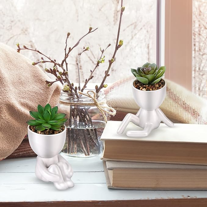 Fake Succulent, Mini Succulents Plants Artificial in White Modern Human Shaped Ceramic Pots Cute Desk Decor Pink Succulent for Office Decor for Women Girls, Desk Plant Cute Bathroom Decor 2PCS