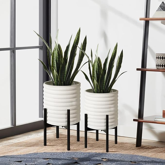 Oakrain Plants Pots with Stand, Set of 2 Indoor Planter Pots, Mid-Century Decorative Metal Flower Pots with Drainage for Living Room, Office, Garden, Balcony, 8"&10", Textured White