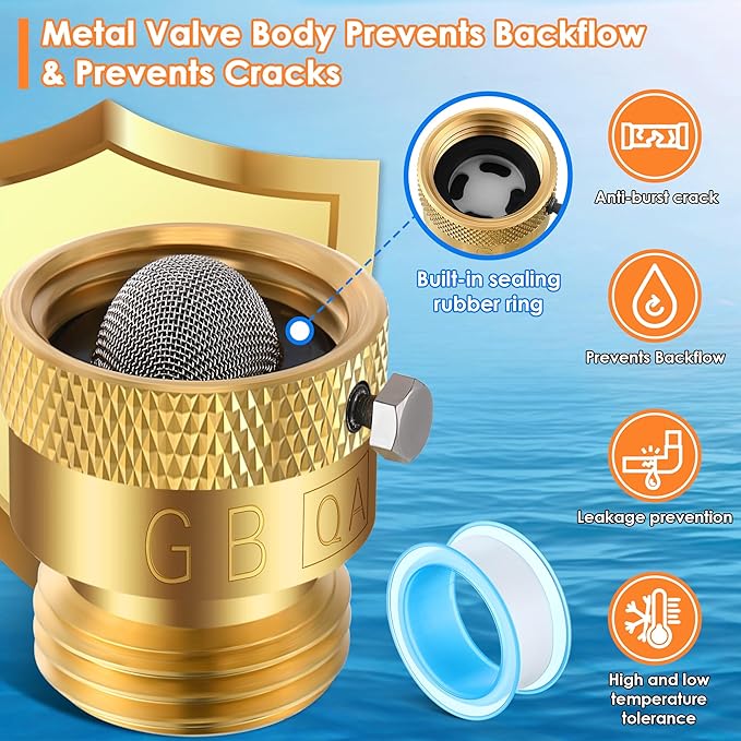 Drip Irrigation Faucet Adapter 25 PSI, 1/4" Tubing Quick Connect to 3/4" Garden Hose with Backflow Preventer, Filter, Tape, Pressure Regulator, Copper Drip Irrigation System Fittings (2 Pack)