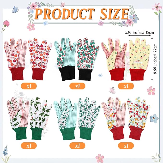 Cuffbow 6 Set Mother's Day Gardening Gifts Floral Gardening Gloves, Garden Shovel, Mini Garden Tools with Mother's Day Cards and Bags for Mom Grandma Birthday Gift (Cute)