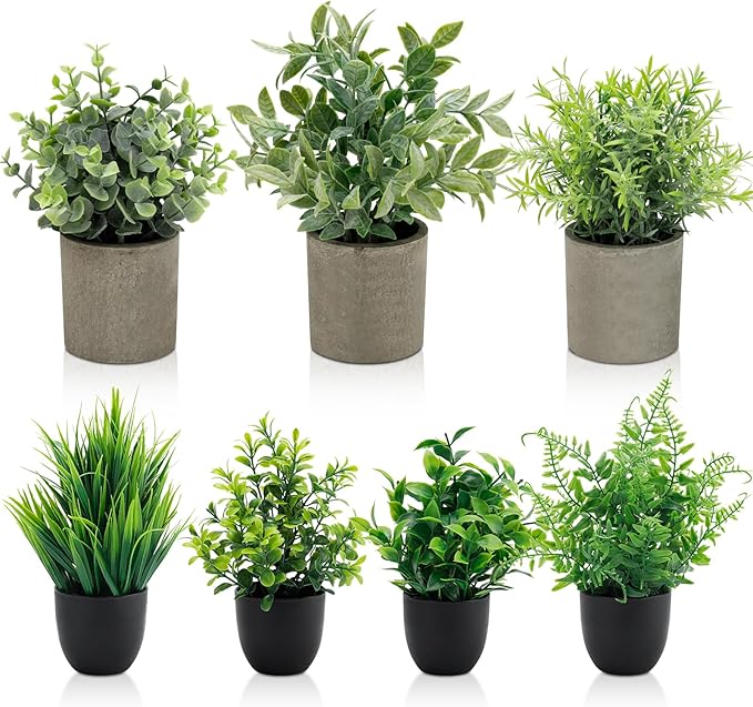 AUUGUU Artificial Potted Plants Faux Greenery in Cement Pots for Shelf, Bookshelf, Office or Home Decor, Small Decorative Fake Plants for Modern Indoor Display (7, XXL)