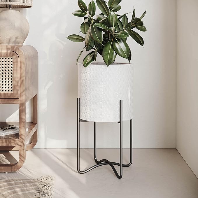 EverNest Claire Mid-Century Modern White Plant Pot with Ambrose Stand, SelectBase, Indoor Plant Pot, Bohemian Style, Minimalist Plant Home Décor (Set of 3, Black)