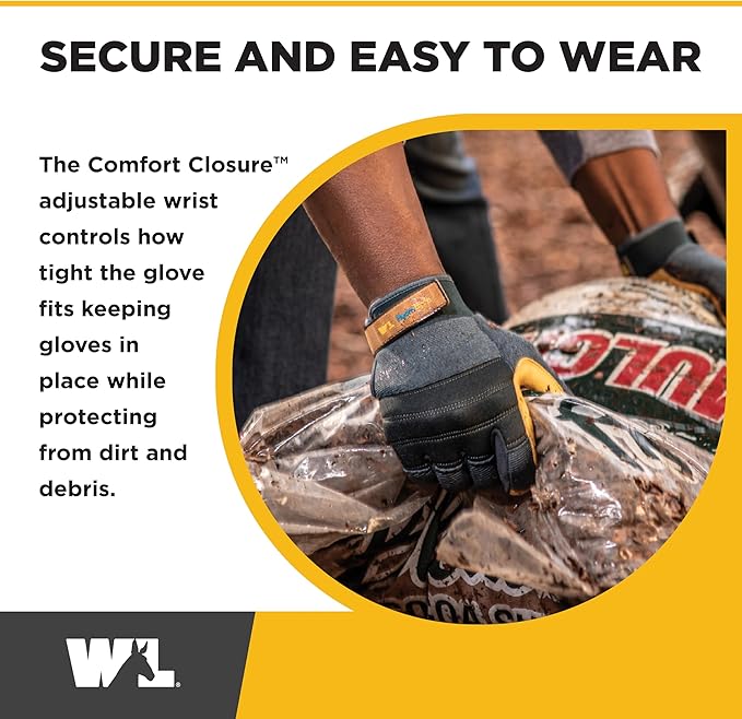 Wells Lamont Men's HydraHyde Work Gloves – Cowhide Leather, Reinforced Fingertips for Durability – Adjustable Velcro Wrist – Ideal for Gardening, Landscaping, Lawn Care – Navy - L