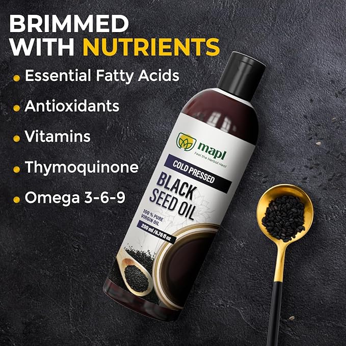 Mapl Organic Black Seed Oil Cold-Pressed from Nigella Sativa – Pure Unrefined Black Cumin Seed Oil Non-GMO & Vegan, Rich in Omega 3 6 9 for Hair Growth, Skin Care & Immune Support – 6.76 Fl Oz (200ml)