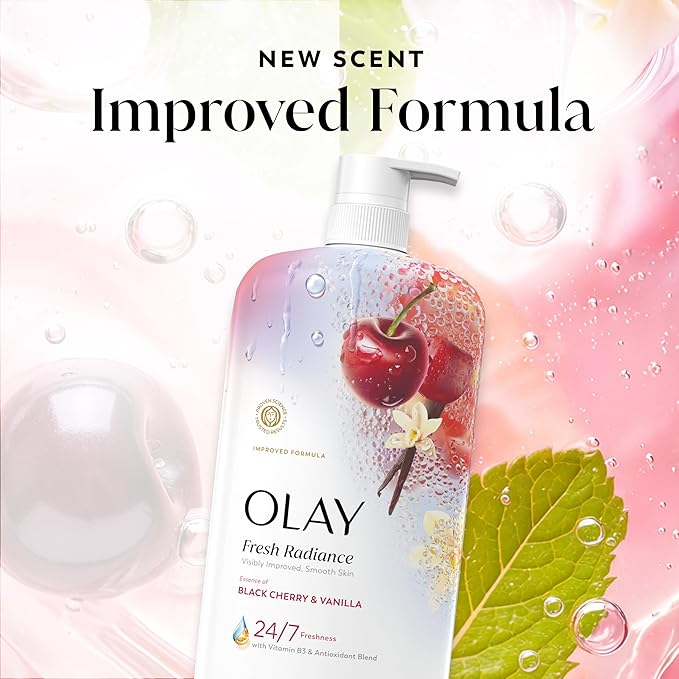 Olay Body Wash for Women, Fresh Radiance, 24/7 Skin-Loving Freshness, Visibly Radiant, Plant Based Cleansers, Vitamin B3 & Antioxidant Blend, For All Skin Types, Black Cherry & Vanilla Scent, 29 fl oz