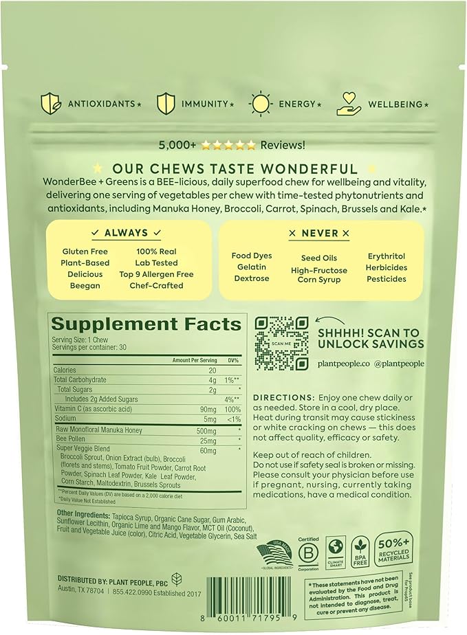 Plant People WonderBee Super Greens Manuka Honey Chews - Bee Pollen, Super Greens & Vitamin C - Immune Support, Antioxidants & Energy Boost (30 Count)