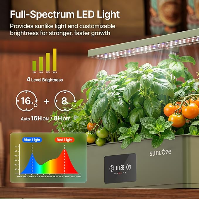 SUNCOZE Hydroponics Growing System Kit with 24W Dimmable Grow Light, 12 Pods Indoor Herb Garden with Timer & Local Time Setting, Adjustable Height, Smart Countertop Garden for Home & Kitchen, Green