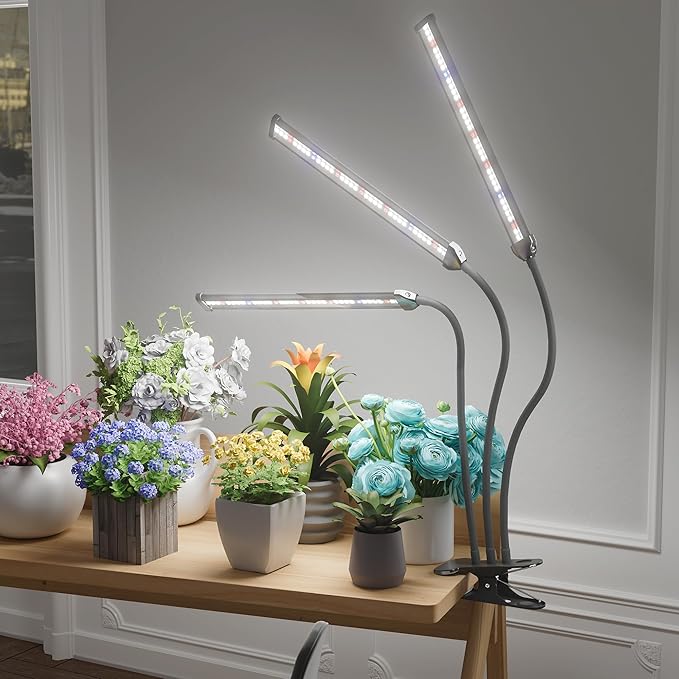 GooingTop Grow Light LED Gooseneck Lamp,Triple-Head Full Spectrum 222 LED Plant Lamp with Red Blue Light Clip-on Desk for Indoor Plants Growing, Auto Timer & Super Bright