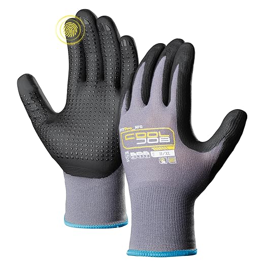 COOLJOB 36 Pairs Nitrile Rubber Dipped Safety Work Gloves with Grip Dots, Seamless Knit Nylon Gloves with 2 Fingers Touchscreen, Non-slip Coated for Warehouse, Home Improvement, Yard, Grey Xlarge