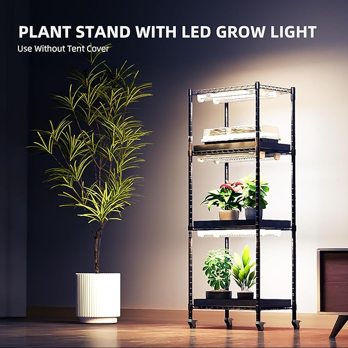 Spider Farmer 2025 Plant Stand with Grow Light, 4-Tier Rack 6Pcs 12" Full Spectrum 5000K LED Grow Lamps and Tent Cover Height Adjustable Small Greenhouse for Seedling Plant Indoor 16Lx12Dx47H (Update)