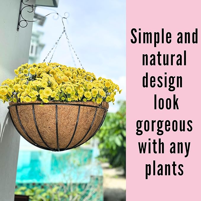 LaLaGreen Hanging Baskets for Plant Outdoor (18 Inch, 4 Pack) Extra Large Black Metal Wire Hanging Planter with Coco Liner Round Flower Pot Holder Hanger Deck Porch Modern Garden Balcony Country Decor