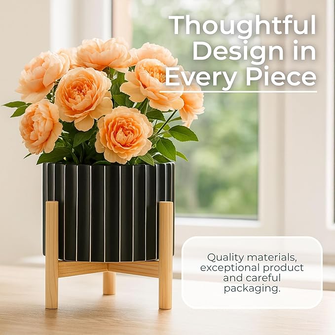 Ceramic Planter with Pine Wood Stand – Plant Pot – Durable Stoneware Planter for Indoor Outdoor Use – Modern Minimalist Plant Holder for Home Decor, Living Room, Garden, Balcony – 9", Black Fluted