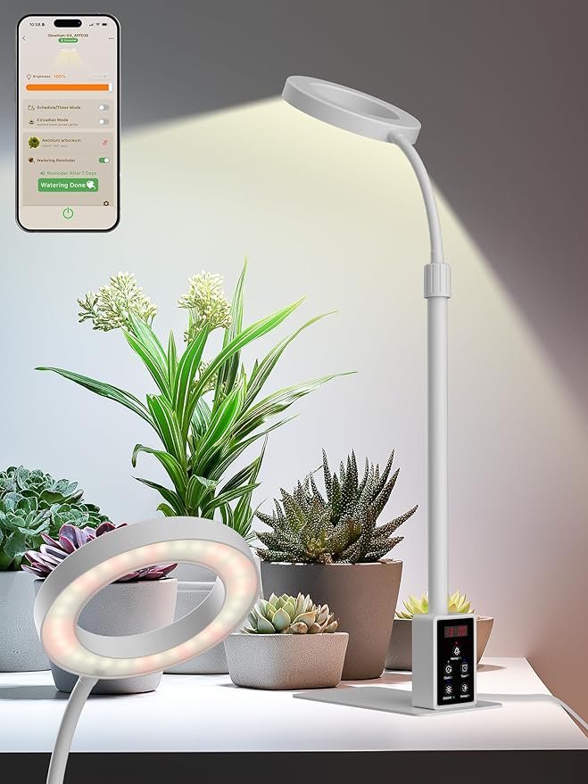 Smart Grow Lights for Indoor Plants, Plant Light with Auto-Timer, Full Spectrum LED Grow Light, Adjustable Height & Stepless Dimming,Plant Assistant Suitable for Most Plants (White(Desktop2))