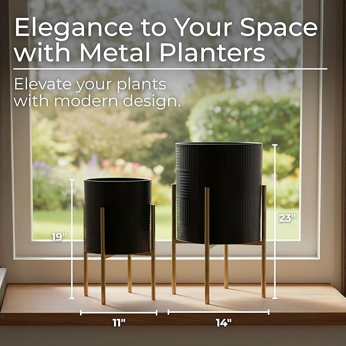 Decorative Flower Pots with Metal Stand for Home Decor - Modern Planters for Hallway, Entryway, and Living Room Decor - Indoor and Outdoor Pots for Plants - Set of 2, 23", 19", Black & Gold