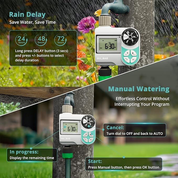 QUOBAS Sprinkler Timer, Weekly Programmable Water Hose Timer for Garden Hose Faucet with Waterproof HD Screen, Rain Delay/Manual/Automatic Irrigation Watering System for Garden, Lawn, Yard