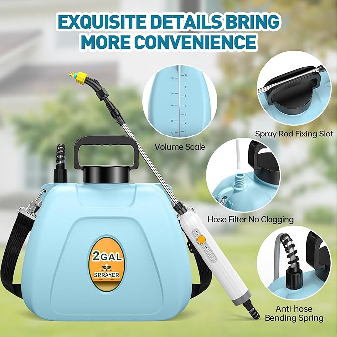 Battery Powered Sprayer, 2 Gallon Electric Sprayer Battery Operated with 4 Mist Nozzles, 2 Speeds, Battery Indicator, 41" Telescopic Wand, Rechargeable Handle, Weed Sprayer for Lawn Garden Yard