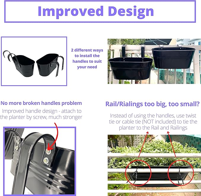LaLaGreen Outdoor Plants Rail Planter Plants (6 Pack, 11.2 Inch) Black Metal Iron Hanging Flower Pots Deck Railings Fence Buckets Modern Style Wall Mount Window Box Plant Holder with Hooks Porch Decor
