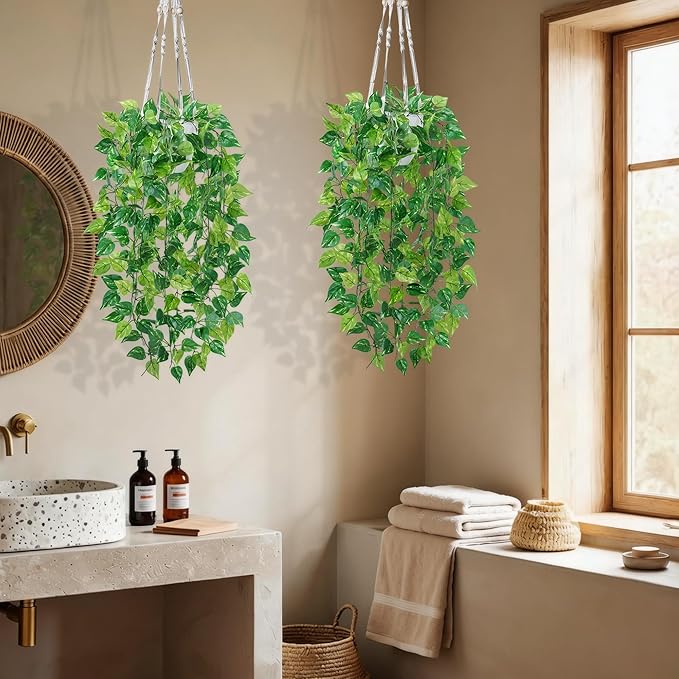 DREAMLOOM 2 Packs Fake Hanging Plants with Pots, Artificial Pothos Hanging Plants with Macrame Hanger for Indoor Decor, Fake Hanging Vines Faux Greenery for Home Kitchen Office