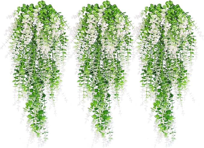 RECUTMS Fake Monkey Plants Hanging Eucalyptus Vines Fake Vines Faux Hanging Plants for Outdoor Garden Yard Backdrop Decor Indoor Room Table Wall Home Hanging Decoration(White)