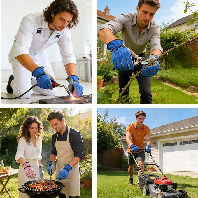WZQH Leather Work Gloves for Men or Women. Small Glove for Gardening, Tig/Mig Welding, Construction, Chainsaw, Farm, Ranch, etc. Cowhide, Cotton Lined, Utility, Firm Grip, Durable. Blue-Grey S