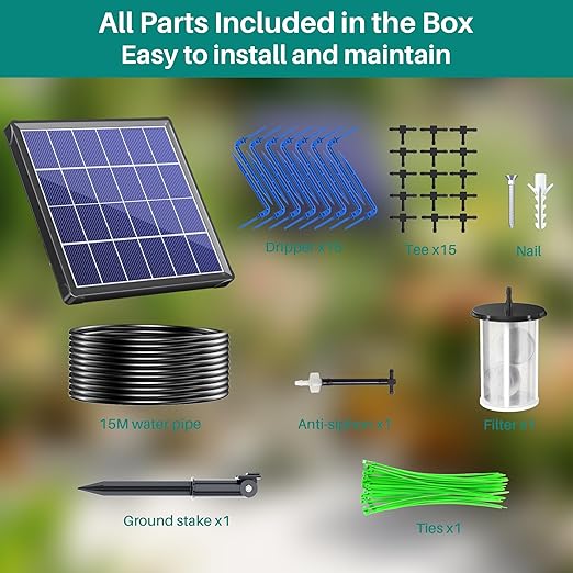 Biling Solar Powered Automatic Drip Irrigation System, 6 Modes Smart Watering Kit with 2200mAh Battery & Low Water Alarm, for 15 Potted Plants in Garden, Greenhouse, Patio