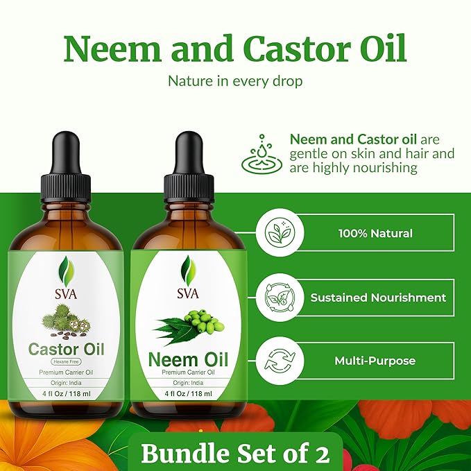 SVA Neem Oil 4 oz and Castor Oil 4 oz Bundle Super Saver Combo – Premium Grade Value Set for Hair Oiling, Scalp Massage, Hair Care, Skin Care and Body Massage