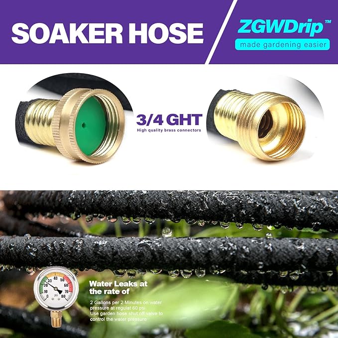15FT 1/2" Water-Saving Soaker Hose with Solid Brass Connectors, Drip Irrigation Kit for Lawn & Yard