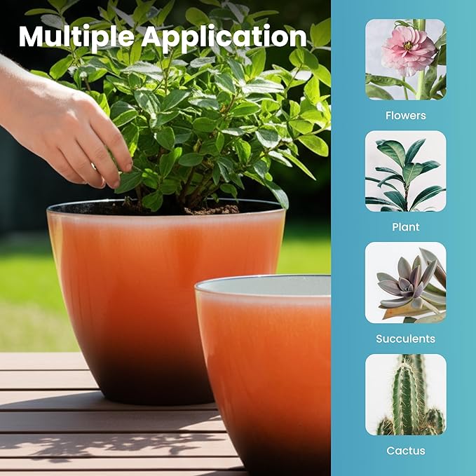 Vanslogreen 2 Pack Plastic Plant Pots with Drainage Holes, 8 inch Planter for Indoor Outdoor Plant, Garden Flower Pots for Aloe, Herbs, Cactus (Orange, 2pcs)