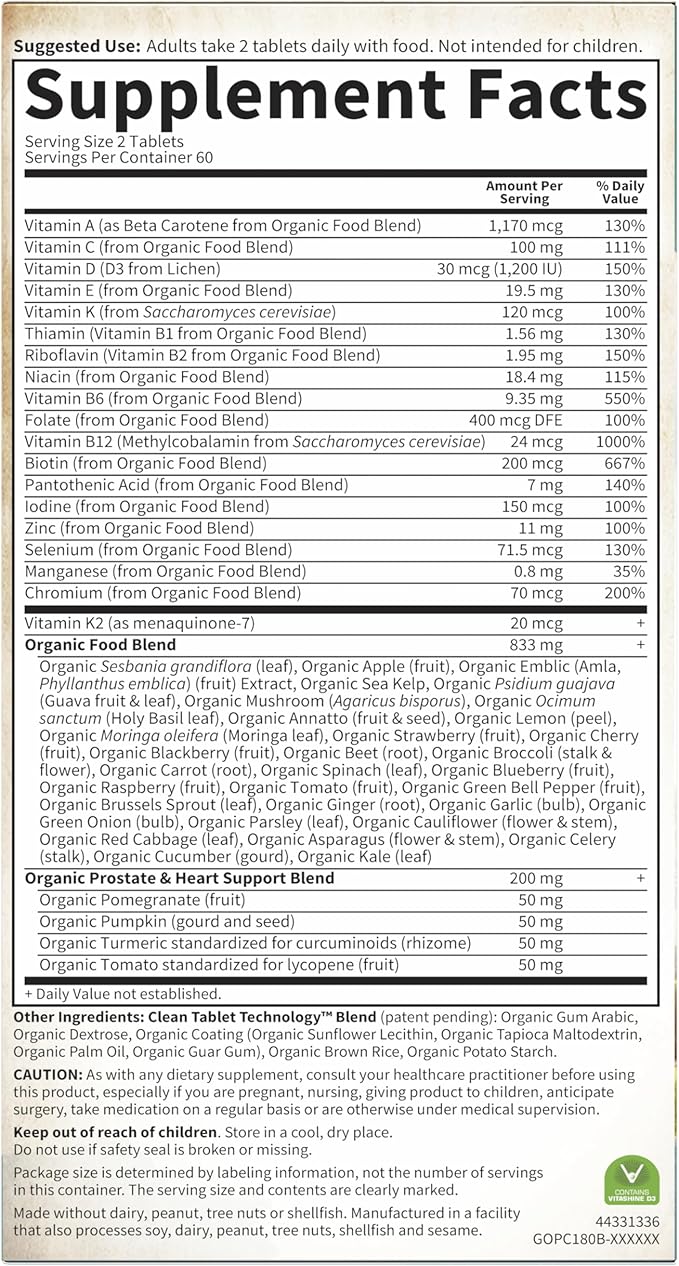 Garden of Life Organics Men's 40+ Multivitamin with Prostate Support, B12 & Vitamins – Vegan Daily Whole Food Multivitamin, Non-GMO, Certified Organic, 120 Tablets