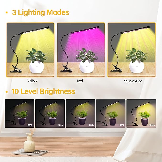 iPower 21 LED Grow Light with Full Spectrum for Indoor Plants, Adjustable Gooseneck, 3 Light Modes&10 Dimmable Levels, Auto 6H/9H/12H Timer, 2 Pack