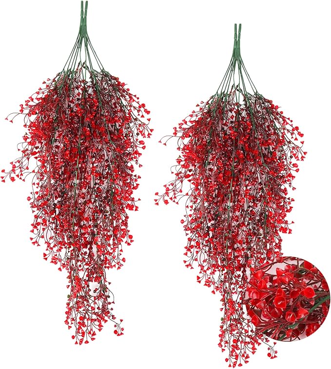 RECUTMS 4 Pcs Faux Hanging Vines Ferns Artificial Hanging Plants Fake Ivy Wall Plants Decoration for Indoor Outdoor Valentines Day Patio Garden Wedding Balcony Christmas Party Home Spring(Red)