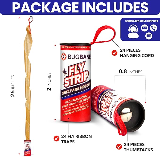 Fly Strips Indoor Sticky Hanging 24pk with Pins. Non Toxic Outdoor Fly Trap Indoor for Home. Flies Tape Paper Trap Ribbon Roll for House Gnat Fruit and Housefly. Bug Catchers for Inside Home Flypaper.