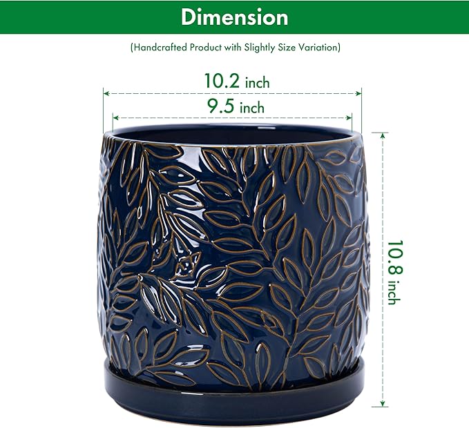 D'vine Dev 10 Inch Embossed Leaves Stoneware Planter Pot with Drainage Hole and Saucer, Midnight Blue, 27-A-P-3
