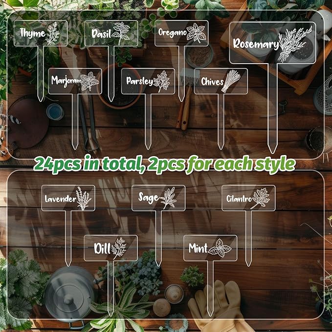JarThenaAMCS 24Pcs Acrylic Plant Label Signs 12 Styles Spring Summer Garden Herb Markers Transparent Waterproof T-Type Tags Reusable Plant Stake Tags with Names for Nursery Indoor Outdoor Garden Decor