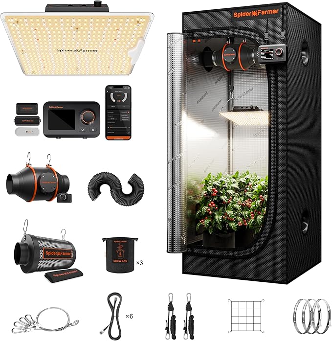 Spider Farmer Grow Tent Kit 2x2x5ft Complete System, SF1000D Bridgelux Diodes Full Spectrum LED Grow Light 24"X24"X55" Indoor 1680D Tent with 4" Ventilation System & GGS Controller
