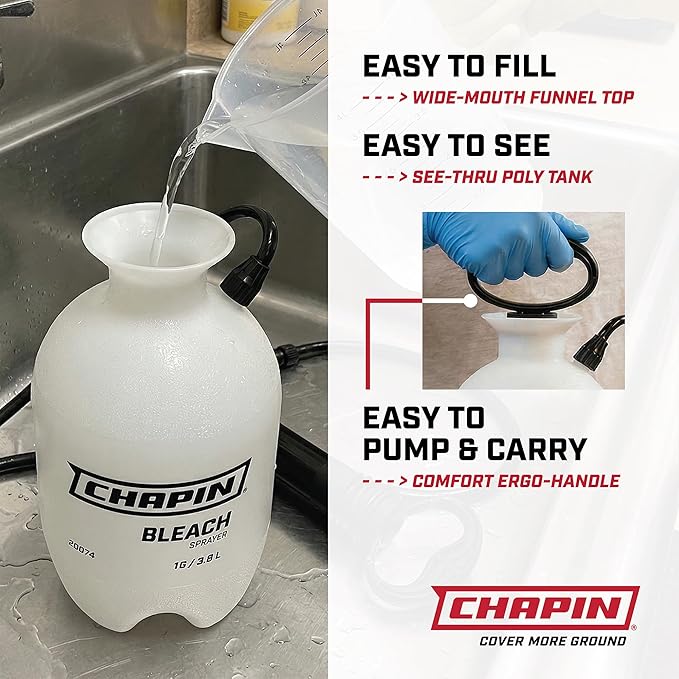 Chapin 22074 Bleach Pump Sprayer, 2‑Gallon, Lawn & Garden, Bleach‑Resistant Poly Tank, Funnel‑Top, Anti‑Clog Filter, Adjustable Cone Nozzle, 40" Hose for Cleaning, Mold & Disinfecting Applications