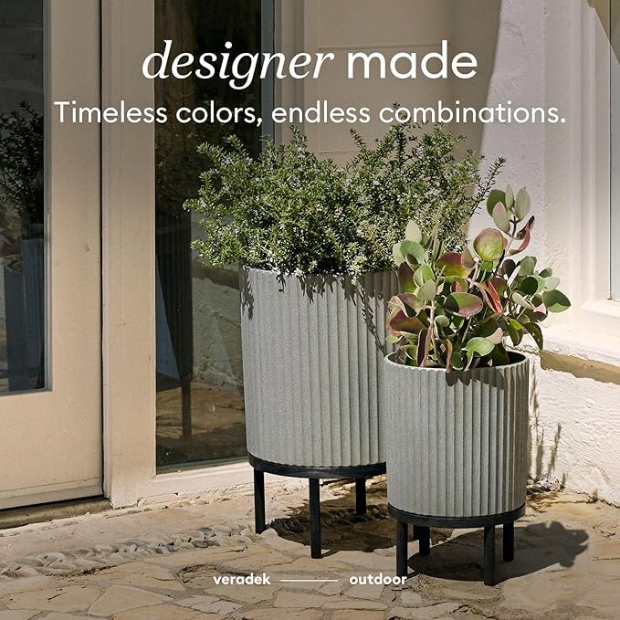 Veradek Demi Series Round Planter w/Stand for Porch/Patio | Durable Plastic-Stone Composite & Wooden Stand | Modern Décor for Tall Plants, Flowers