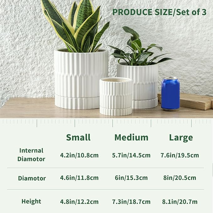 HASENSE Plant Pots - 8+6+4.6 Inch White Vertical Textured Ceramic Planters Set of 3 with Drainage Hole, Decorative Flower Pots for Indoor Plants, Herbs, Succulents, Home Office Desktop Garden Decor