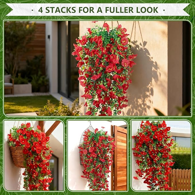 4-Pack Fake Hanging Plants, Faux Hanging Plant Artificial Greenery for Living Room Bedroom Boho Wall Shelf Indoor Outdoor Decor (Red Morning Glory)