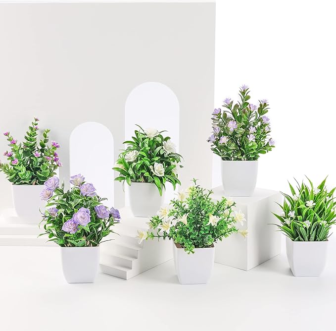 Der Rose 6 Pack Small Fake Plants Mini Artificial Faux Plants with Flowers for Home Room Farmhouse Bathroom Decor Indoor