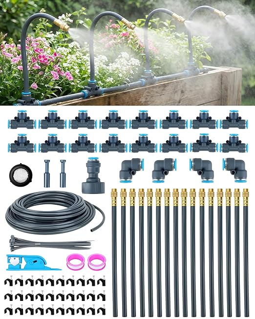 Drip Irrigation System 360° Adjustable - 2026 Upgraded 50FT Garden Watering System with 16 Nozzles and 90° Elbow, Greenhouse Drip Irrigation Kit for Garden, Yard, Lawn, Plants, 5/16in HDPE Hose(Gray)