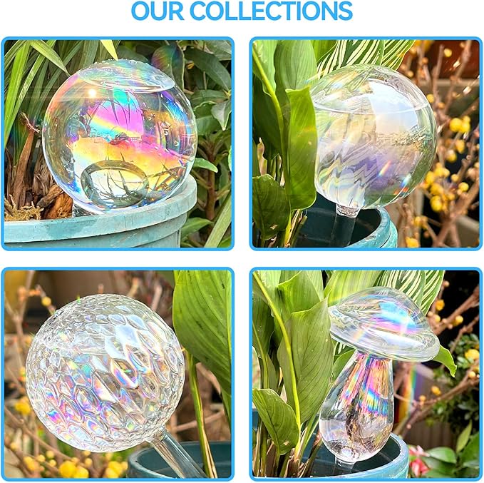 FLORA GUARD Plant Watering Globes, 4-PCS Glass Self Watering Planter Insert, Mushroom Rhombus Patterned Water Globes, Automatic Plant Waterer Bulbs Devices