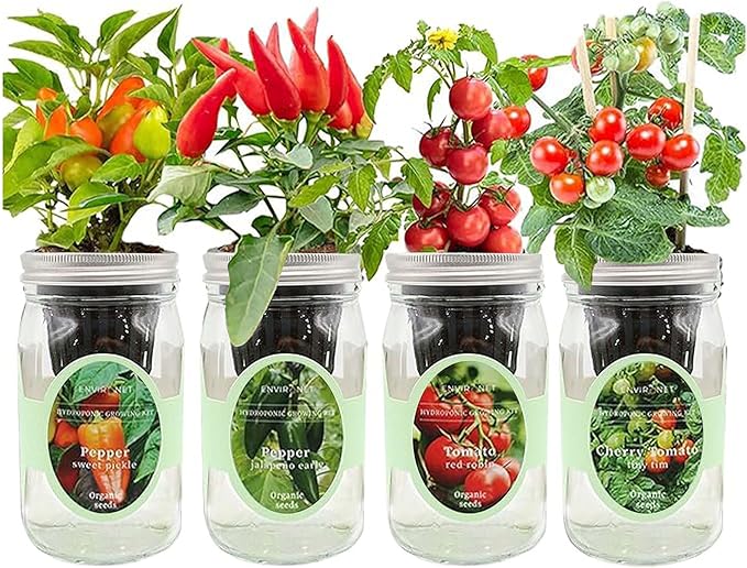 Hydroponic Herb Growing Kit Set, Self-Watering Mason Jar Herb Garden Starter Kit Indoor, Grow 4 Kinds of Herbs from Seeds (2 Tomato & 2 Pepper)