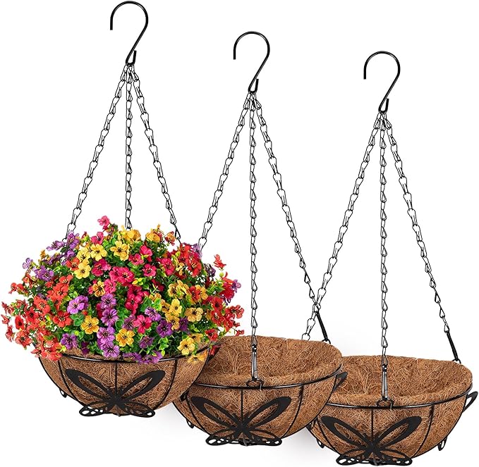 QCQHDU 3 Pack 10 inch Metal Hanging Orchid Baskets for Plants Outdoor, Hanging Orchid Planter Basket with Coco Liners, Orchid Pots with Holes for Garden, Patio, Deck, Porch Plants(Butterfly)