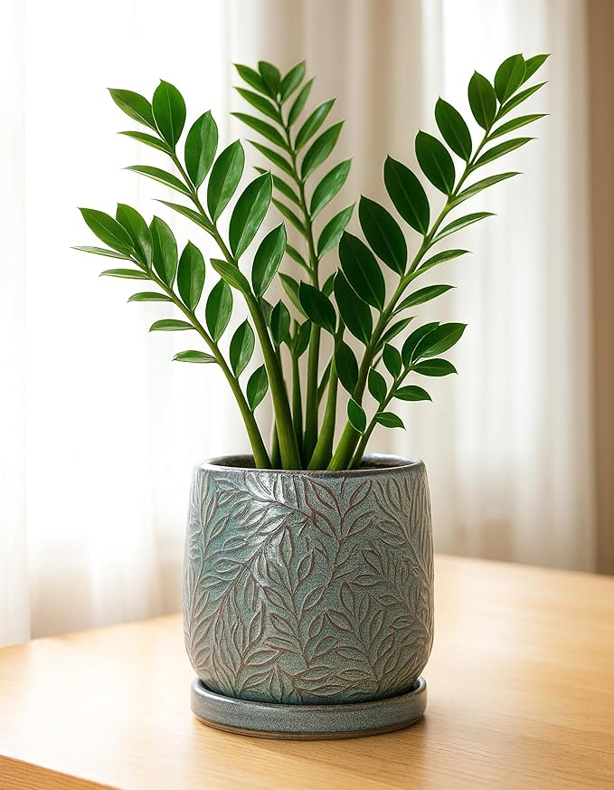 D'vine Dev 6 Inch Embossed Leaves Stoneware Planter Pot with Drainage Hole and Saucer, Graphite Blue, 27-A-X-9