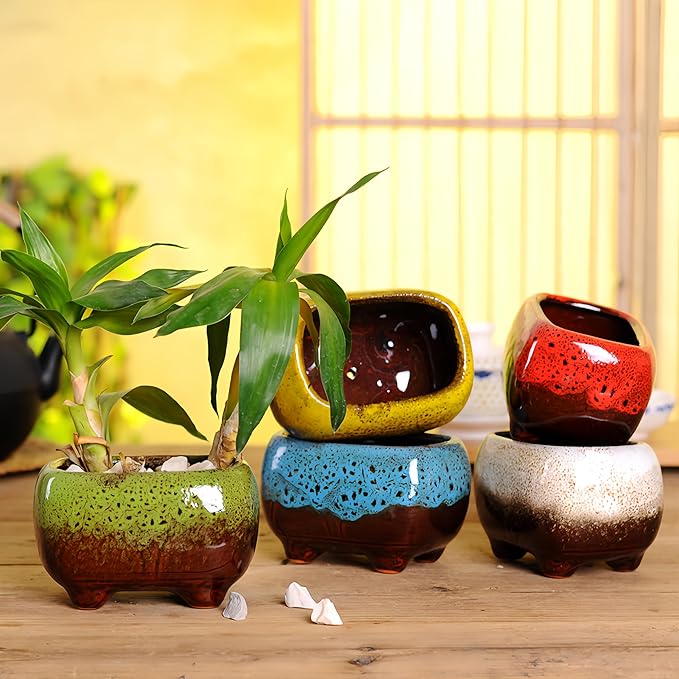 Cute Circular Ceramic Home Garden Decoration Succulent Cactus Flower Pots Container -Plant Not Included (Yellow, 4.7 Inch)